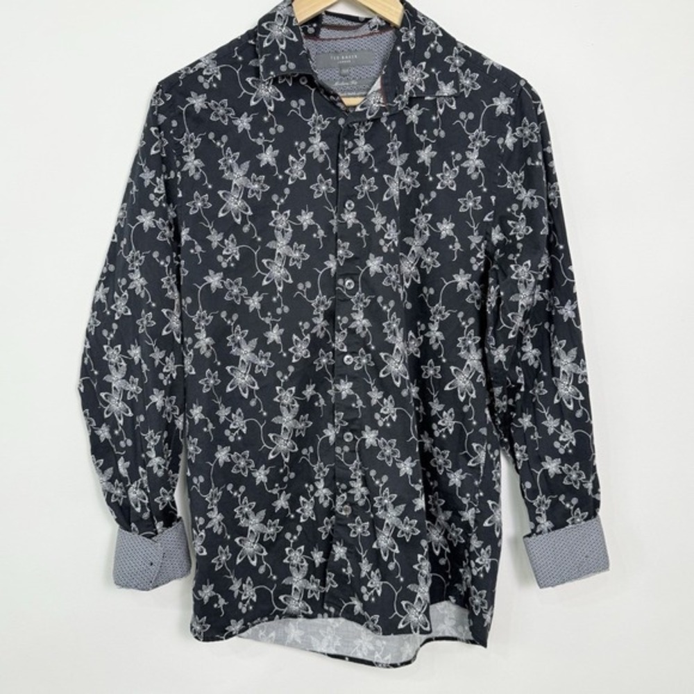 Ted Baker London Floral Button Down Shirt Mens 15.5‎ Black Modern Fit